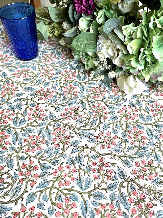 ATOSII Kalina 100% Cotton Round Tablecloth, Handblock Print Floral Table Cloth for Kitchen Dining Linen I Parties, Weddings, Outdoors, Christmas I Fall Home Decor 90" Inches Round