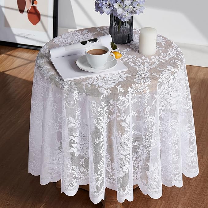 Warm Home Designs 120 Inch Round Tablecloth with English Rose Design. Use as Circle Table, Rustic or Elegant Lace Table Cloth. White Tablecloth for 10-12 Guests. LTC White 120