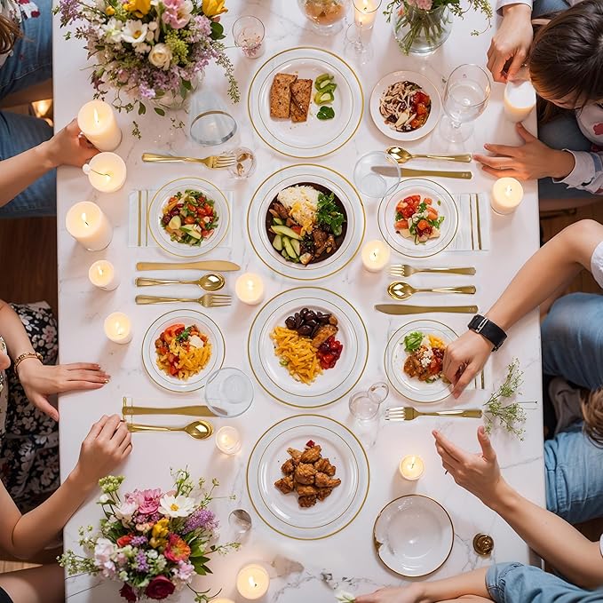 GATHER 350PCS Clear Gold Plastic Plates - Disposable Gold Dinnerware Sets Includes 100 Gold Rim Plastic Plates, 150 Silverware, 50 Napkins, 50 Cups for Party, Wedding