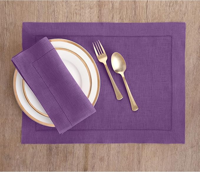Solino Home Purple Linen Napkins Set of 4-100% Pure Linen Hemstitch Dinner Napkins 20 x 20 Inch for Winter, Valentines, Spring, Easter - Classic Hemstitch