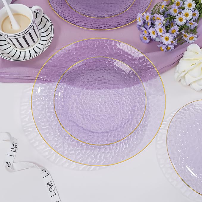DaYammi 60 Pieces Purple Gold Plastic Plates - 10 inch Clear Dinner Plates - Hammer Pattern Design - Fancy Clear Purple and Gold Disposable Plates For All Occasions