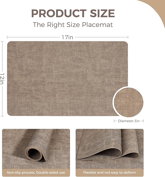 Vinyl Placemats Set of 8, Faux Leather Waterproof and Heat Resistant Place Mats, Washable Anti-Slip Table Mats with Coaster, Wipeable Placemats for Indoor & Outdoor 17" x 12" (Light Coffee, Set of 8)