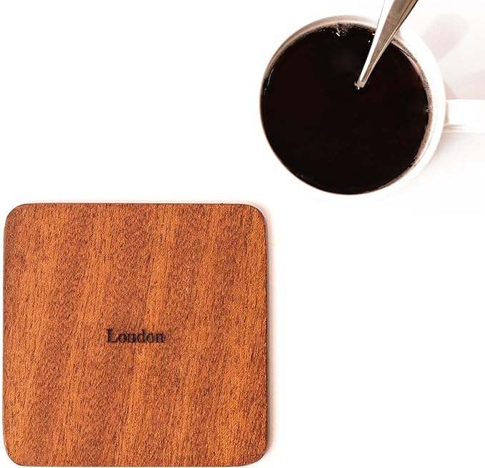London Map Coaster by O3 Design Studio, Set Of 4, Sapele Wooden Coaster With City Map, Handmade