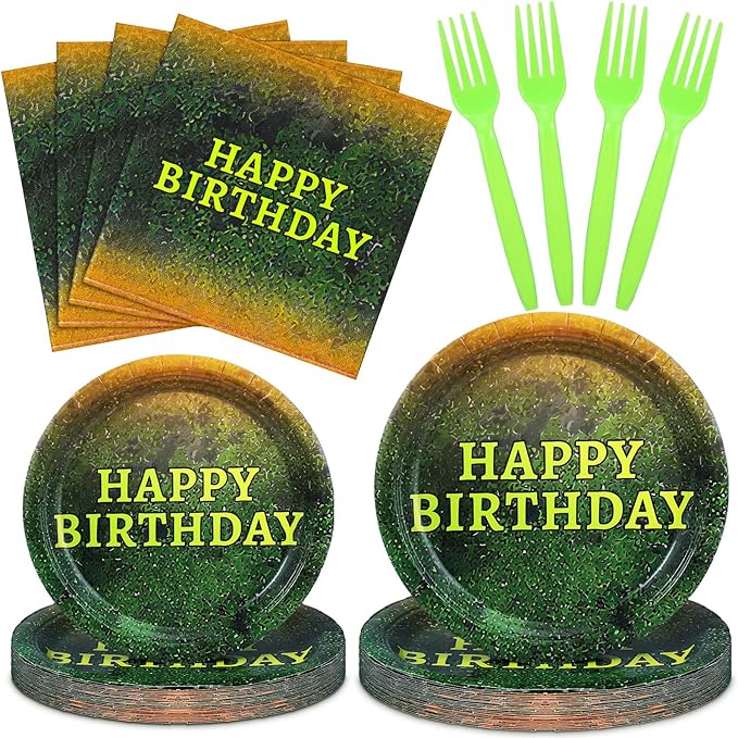 Yungyan 24 Sets Green Moss Pattern Disposable Paper Plates and Napkins Forks Plants Nature Green Ogre Themed Birthday Party Tableware Set Dinnerware for Women Men
