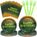 Yungyan 24 Sets Green Moss Pattern Disposable Paper Plates and Napkins Forks Plants Nature Green Ogre Themed Birthday Party Tableware Set Dinnerware for Women Men