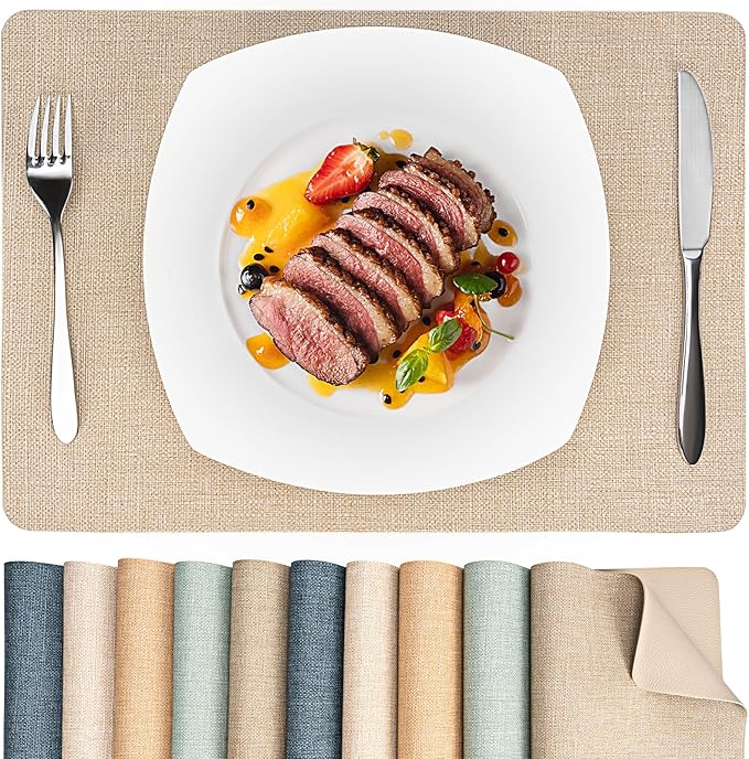Heat Resistant Placemats Set of 6, 17x12in Waterproof Wipeable Faux Leather Non Slip Table Mats, Easy to Clean, Stain Resistant, for Kitchen Dining Room– Taupe