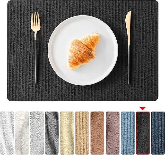 Jovono Faux Leather Placemats Set of 8, Waterproof Washable Table Mats, Easy-Clean Heat Resistant Kitchen Vinyl Place Mat for Dining Table, Restaurant, Indoor, 17.8"x11.8", Black