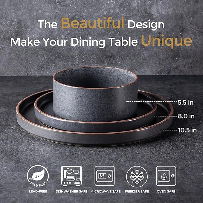 LERATIO Ceramic Dinnerware Sets for 6, High Edge Stoneware Plates and Bowls Set, Chip and Crack Resistant | Oven & Dishwasher & Microwave Safe Dishes Set, Service for 6 -Ashen