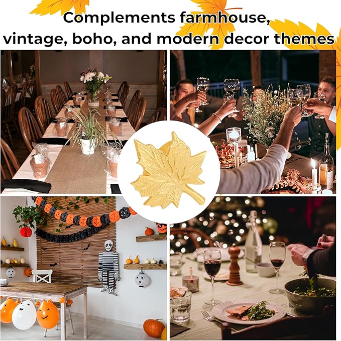 CLEENTABLE Maple Leaf Napkin Rings - Set of 12 Handcrafted Aluminum Napkin Holders for Cloth & Paper Napkins, Elegant Table Décor for Wedding Receptions Thanksgiving Christmas Holiday Parties (Gold)