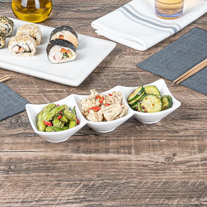 Restaurantware Voga 8.5 Ounce Divided Serving Dishes 10 Square Condiment Serving Dishes - 3 Compartments Serve Appetizers Snacks Dips Or Dressings White Melamine 3 Compartment Dishes
