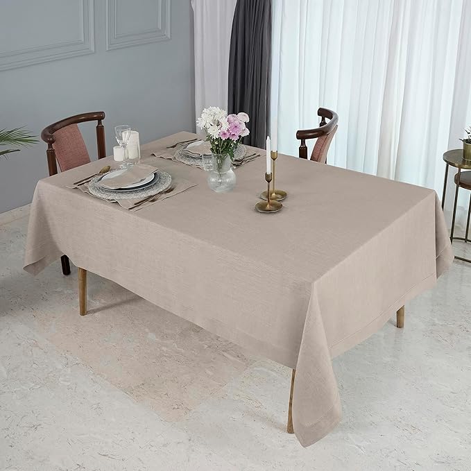 D'Moksha Homes Natural Linen Tablecloth 54 x 72 Inch - 100% Pure Linen Natural Table Cloth for Rectangle Tables - Classic Hemstitch, Machine Washable Tablecloth for Valentines, Spring, Easter