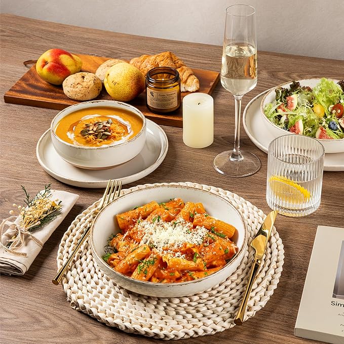 AmorArc 8.75'' Large Ceramic Pasta Bowls, 36oz Handpainted Stoneware Bowls Set of 4, Microwave&Dishwasher Safe Bowls with Wavy Rim&Rustic Terracotta Underside for Pasta Salad, Handbrush Rim