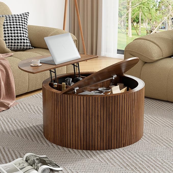 Mid Century Round Fluted Lift Top Coffee Table, Modern Center Table with Storage and Compartment, 2 Tier Small Circle Dining Table, for Living Room, Home Small Space, Walnut Oak-1
