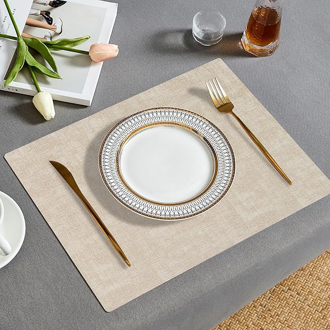Faux Leather Placemats Set of 6, Heat Resistant Wipeable Washable Vinyl Place Mats, Waterproof Anti-Slip Dining Table Mats, Suitable for Indoor & Outdoor Use (Beige)