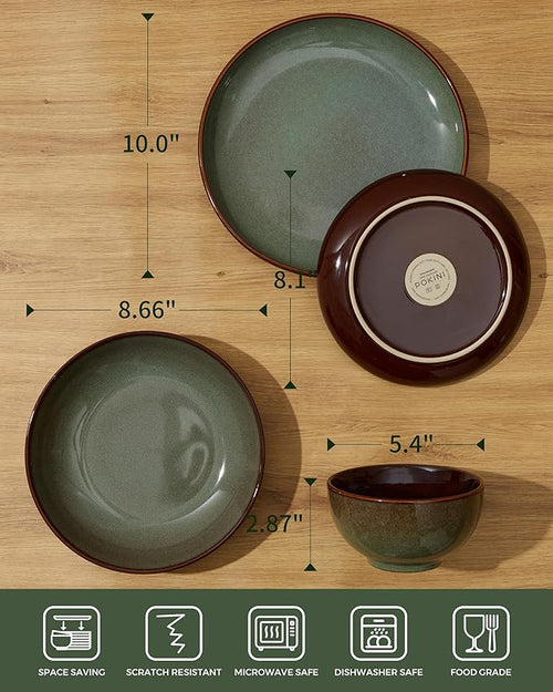 24 Piece Double Bowl Dinnerware Sets with Pasta Bowls, Highly Chip and Crack Resistant Plates and Bowls Sets, Natural Earthyware Ceramic Dishware Sets, Service for 6 Sage Green