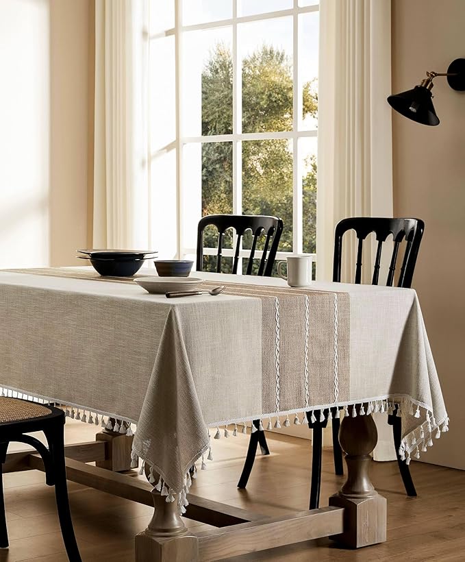 ZeeMart Contrast Linen Table Cloth Rectangle Table Cloths 60x104 Inch Brown, Farmhouse Style Heavy Weight Beige Tablecloth, Water Resistant Burlap Tablecloths