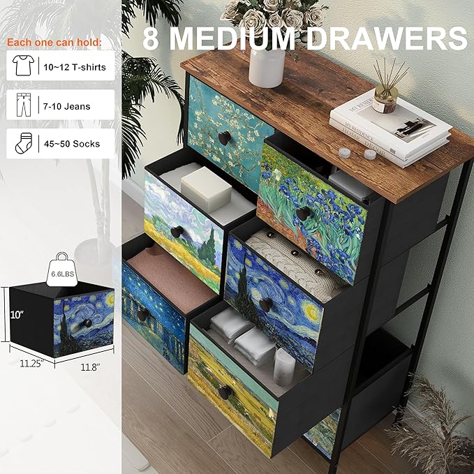 EXOTICA Tall Dresser with 8 Drawer for Bedroom Narrow Van Gogh Chest of Drawers for Hallway Closet Living Room Steel Frame Rustic Brown Wood Grain Wood Top