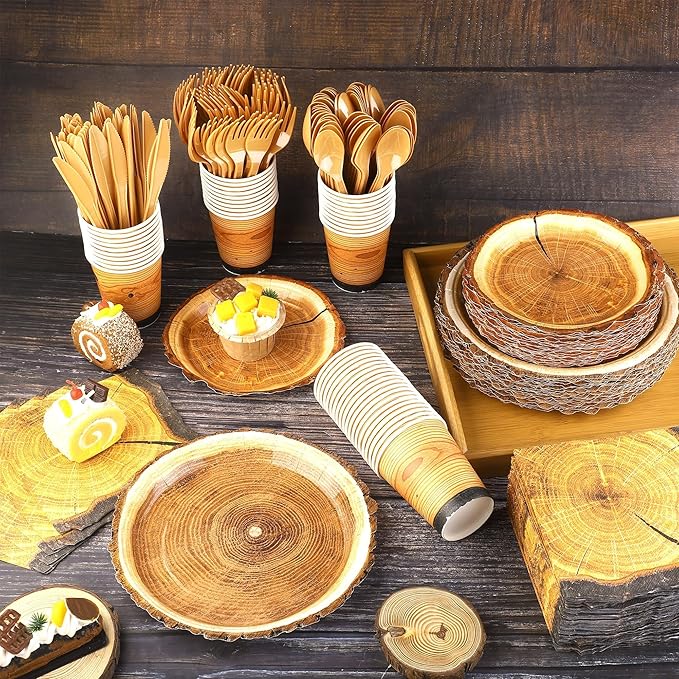 Kochorie 400 Pieces Wood Slice Disposable Tableware Sets, Rustic Wood Party Supplies with Plates Cups Napkins Cutlery Serves 50 for Birthday Hunting Forest Themed Party Decorations