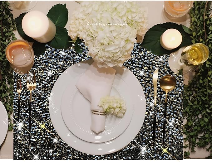 Black Placemats Heat Resistant Square Mat Set of 8 - Dark Trivets With Rhinestone Decor, Crushed Diamond Bling Sparkly Place Mat