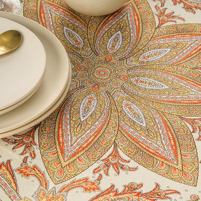Maison d' Hermine Table Cloth Round Table 100% Cotton 69 Inches Fall Tablecloth Reusable Everyday Use for Thanksgiving Christmas Decorations Dining Farmhouse Party (Kashmir Paisley)