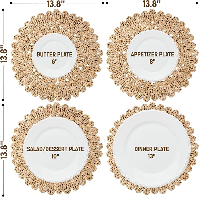 13.8" Corn Husk Woven Round Placemats Set of 6 - Wicker Boho Farmhouse Placemats - Rattan Table Mats for Dining Table, Wedding, Home