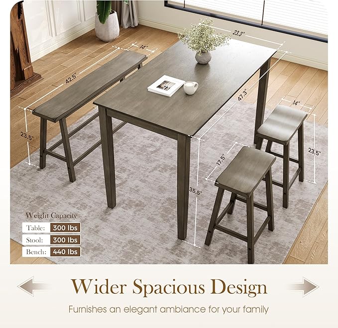 Sophia & William Dining Table Set for 4, Wooden Kitchen Table Set with Bench and 2 Chairs, Space-Saving Farmhouse Dining Sets, Smoky Brown