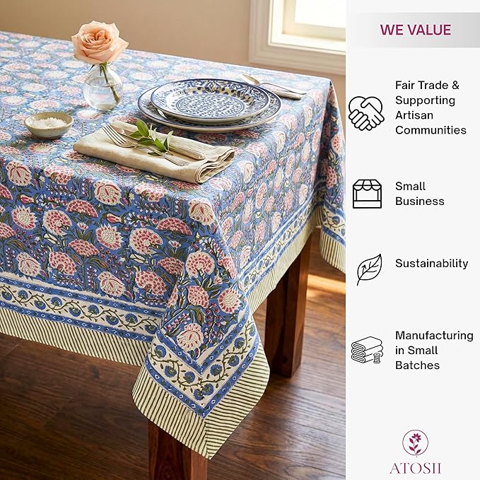 ATOSII Clover Pink 100% Cotton Fall Tablecloth, Handblock Print Rectangle Table Cover for Kitchen Dining Linen I Parties, Weddings, Outdoors, Easter Table Cloth Decor 60 X 90 Inches I 6 Seater