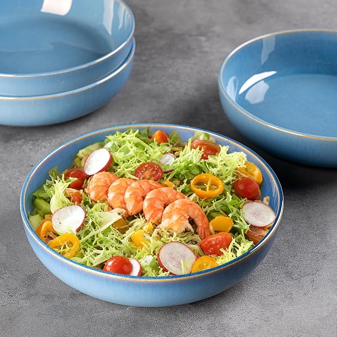 GBHOME 8.75'' Large Ceramic Pasta Bowls, 38oz Stoneware Pasta Serving Bowls Set of 4 for Kitchen, Wide Bowls for Fruit,Pasta,Salad,Oatmeal,Meal, Microwave Safe, Reactive Glaze-Alaskan Blue
