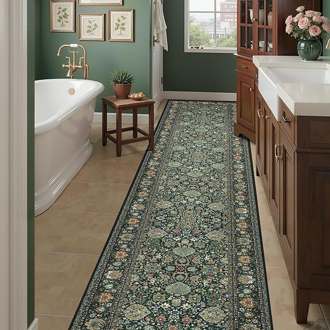 Runner Rugs 2x10 Boho Small Washable Area Rugs for Entryway Bathroom Kitchen, Long Rugs for Hallway Soft Low Pile Non-Slip Rubber Backing Oriental Dark Green