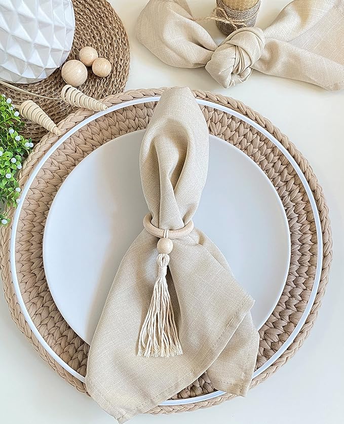 Napkin Rings Set of 6 - Wooden Beads Napkin Rings | Rustic Wooden Napkin Ring Holder for Table Decoration | Handmade LEBEJUA Napkin Ring with Wood Bead & Tassels Farmhouse Napkin Holder Boho Style