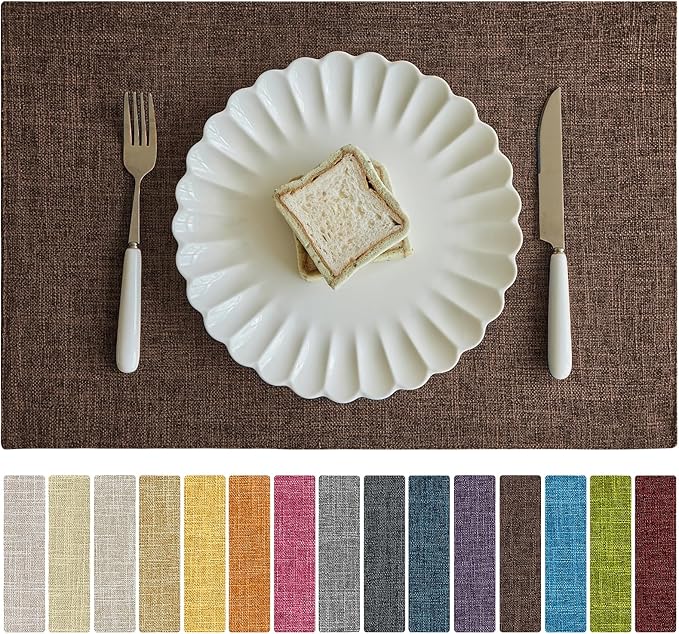 Softalker Faux Linen Placemats Set of 6-12 x 18 Inch, Heat Resistant Double Layered Durable Burlap Farmhouse Place Mats, Non-Slip Washable Rustic Table Mats for Dining, Kitchen, Party（Dark Brown