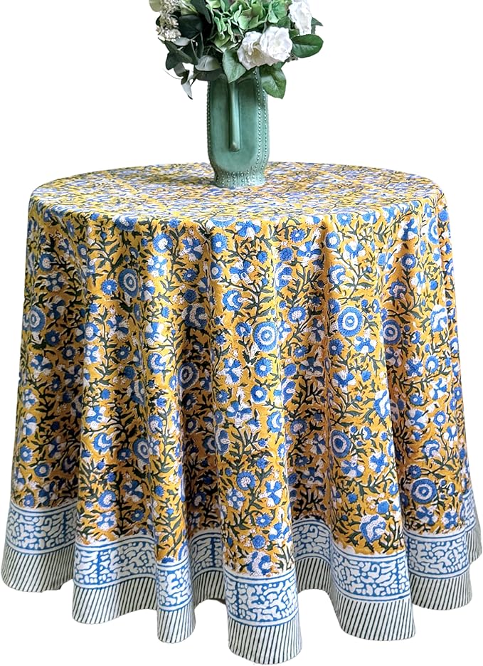 ATOSII Marigold Blue100% Cotton Round Tablecloth, Block Print Floral Table Cloth for Dining, Parties, Weddings, Outdoors, Holidays I 72" Inches, 4 Seater I Grandmillennial Farmhouse Spring Summer Boho