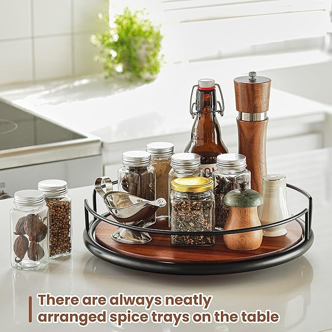 10" Acacia Wood Lazy Susan Turntable with Metal Frame for Table Top - Wooden Serving Tray Rotating for Kitchen Counter - Centerpiece Organizer Storage Food Bin Container for Pantry, Fridge, Cabinet