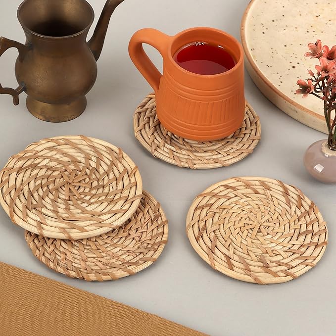 ALPHA Living HOME Handmade Cane Bar Coaster Set of 12-4 Inch Round Woven Natural Brown Drink Mats for Table, Coffee Mug, Glass - Rustic Rattan for Home, Bar, Kitchen Décor
