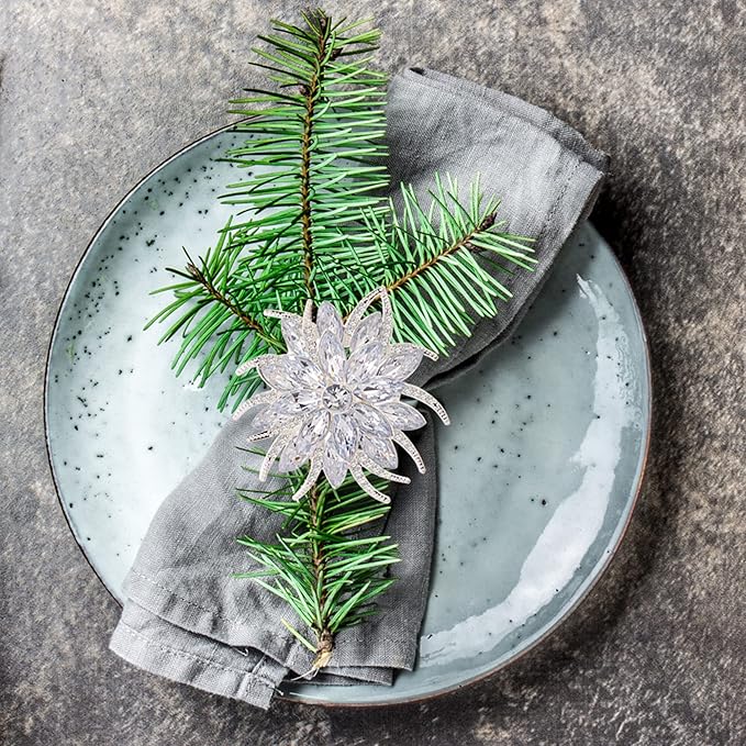 ZeeDix Christmas Flower Napkin Rings Set of 6, Silver Lotus Elegant Rhinestone Napkin Ring Serviette Buckles Holder for Wedding Birthday Christmas Holiday Party Home Kitchen Dinner Table Decoration