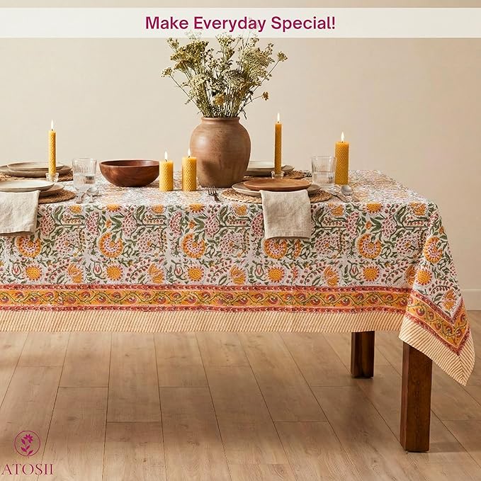 ATOSII Clover Yellow 100% Cotton Square Fall Tablecloth, Handblock Floral Print Linen Table Cloth for Kitchen Dining I Parties, Weddings, Outdoors, Christmas, Thanksgiving Fall Decor 60 X 60 Inches