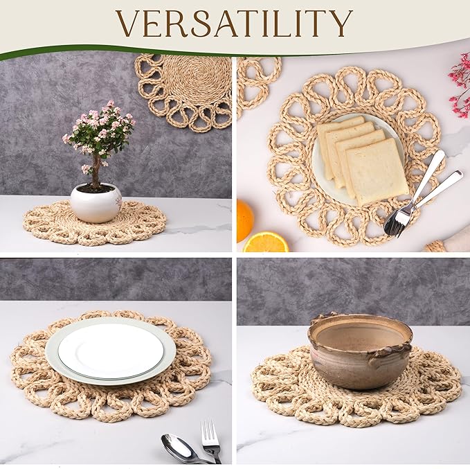 13.8" Corn Husk Woven Round Placemats Set of 6 - Wicker Boho Farmhouse Placemats - Rattan Table Mats Like Water Hyacinth for Dining Table, Wedding, Home