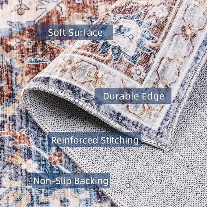 Deerly Boho Area Rug Large Rugs for Bedroom Machine Washable Rugs for Living Room Moroccan Non-Slip Oriental Area Rugs Carpet Floor Rug(Border Brown/Navy Blue 5x8ft)