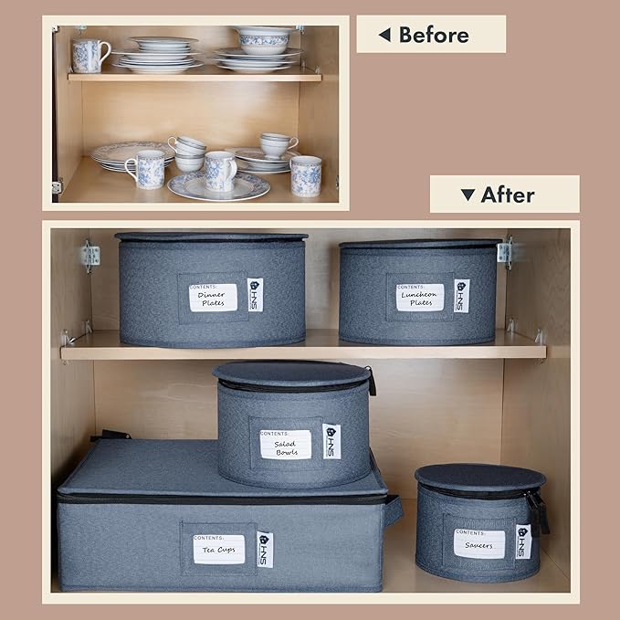 Salad Plates Storage Container - Hard Shell China Organizer with Dividers - Holds 12 Plates of 9" - Durable & Stackable Storage Box for Seasonal Dishware Protection - Denim Blue