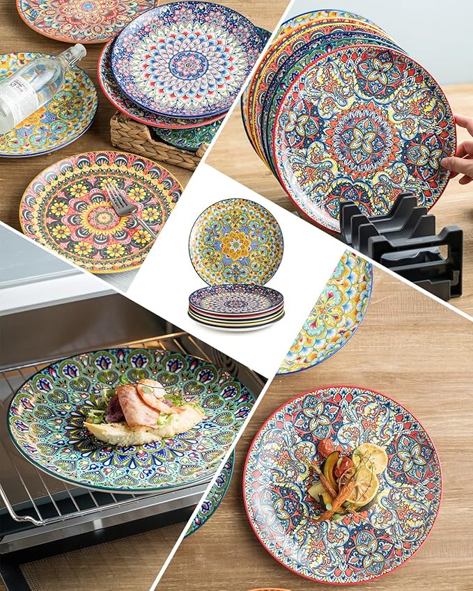 Dinner Plate Set of 6, 10.5-inch Large Plate for Dessert, Pasta, Salad, Ceramic Bohemian Dishes for Kitchen Microwave Dishwasher Safe