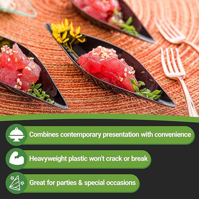 Restaurantware 1 Ounce Dipping Sauce Bowls 100 Disposable Dipping Sauce Dishes - Canoe Shaped Unique Design Black Plastic Small Dishes For Dips Appetizers Desserts Or Samples