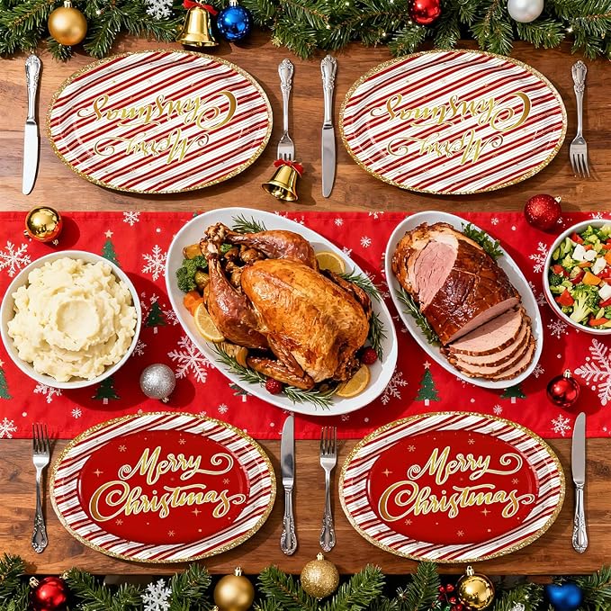 50Pcs Christmas Oval Paper Plates 10" x 12" Large Disposable Heavy Duty Red and Gold Stripe Paper Platters Red Gold Xmas Party Platter for Merry Christmas Holiday New Year Dinner Party Supplies