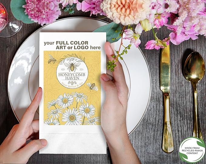 Custom Guest Towel/Dinner Napkins - Personalized Recycled Paper Content Napkins - Eco-friendly & Full-Color Digital Printed - Events & Celebrations - Pack of 50 - Coin Edge Embossed, 8"x 4.5"