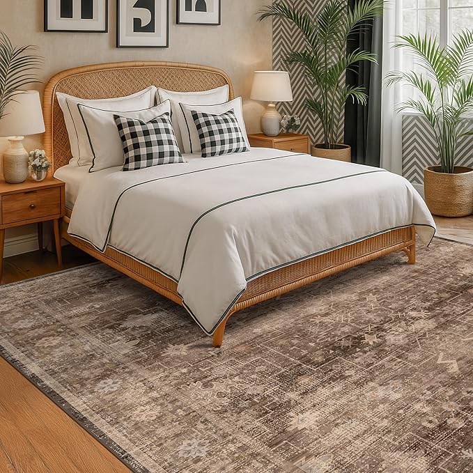 Brown Rug for Living Room 10x12 - Large Vintage Western Eclectic Unique Neutral Taupe, Washable Low Pile Non-Slip Area Rug for Dining Under Table, Bedroom Under Bed, Home Office