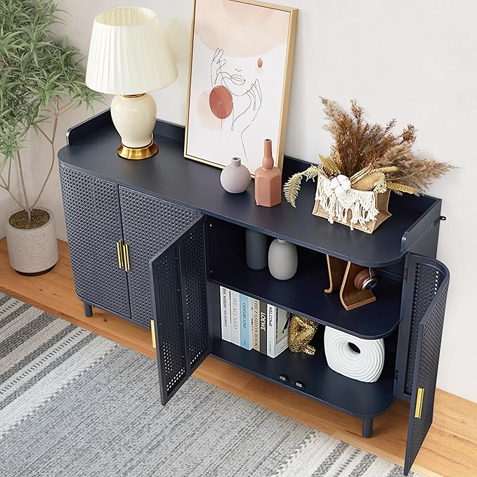 ORRD 4 Doors Storage Cabinet, 2 Tier Wooden Storage Organizer Cabinet with Adjustable Shelf, Sideboard Buffet Cabinets with Iron Curved Doors Accent Shoe Rack for Entryway Hallway Living Room (Blue)