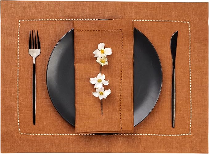 D'Moksha Homes Rust Linen Placemats Set of 4 - Classic Hemstitch Placemats 14 x 19 Inch - 100% Pure Linen Table Mats for Spring, Easter - Handcrafted and Machine Washable