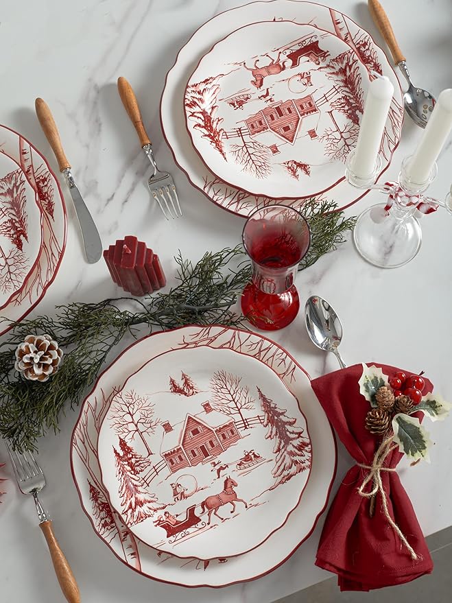 Bico Toile De Jouy Winter Wonderland Scalloped Salad Plates Set of 4, 8.75 Inch Ceramic Dessert Plates for Appetizer, Side Dishes, Microwave and Dishwasher Safe, Gift for Housewarming and Christmas