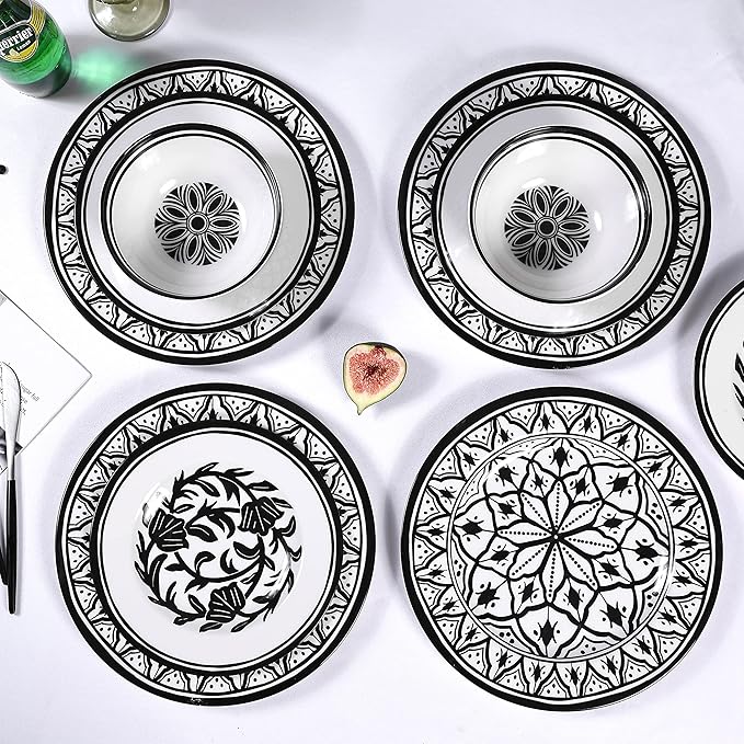 Melamine Dinnerware Sets-12pcs Melamine Plates and Bowls Set, Unbreakable, Dishwasher Safe, Indoor Outdoor Use, Ideals for Parties, Camping Dish Set, Black and White Pattern