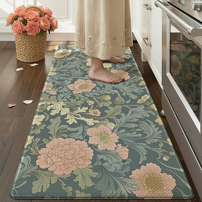 Color&Geometry Floral Kitchen Mat 24"x87", Anti Fatigue Kitchen Mats for Floor, Kitchen Rugs Non Slip, Waterproof & Oil Proof Padded Runner for Standing Desk Office, Sink - Dusty Blue