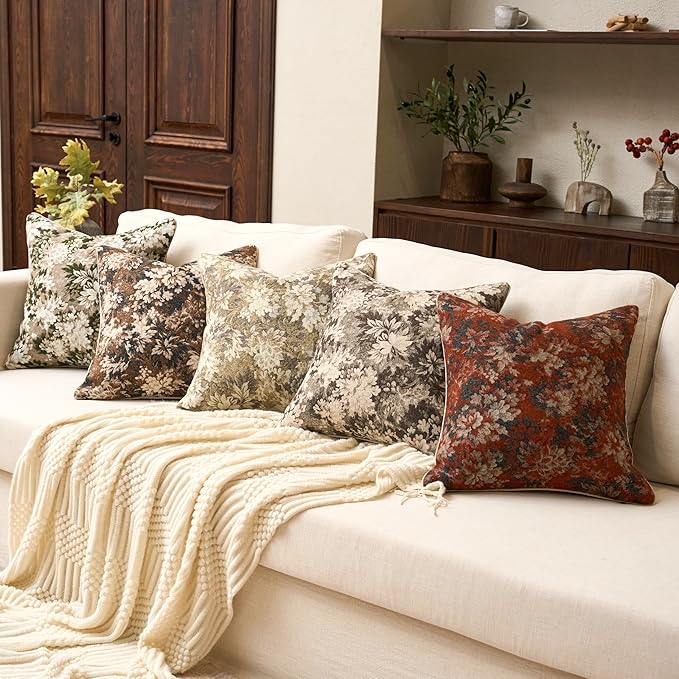 Yangest Neutral Floral Pillow Cover 18 x18 Inches, Vintage Chenille Square Throw Pillow Cover Soft Decorative Farmhouse Accent Couch Pillow Cover for Living Room Bedroom, Coffee Brown